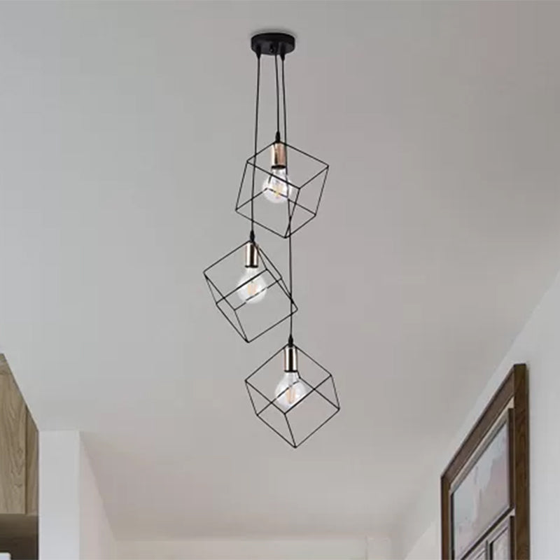 Square Suspension Light 3 Lights Metal Industrial Pendant Lighting in Black for Foyer Clearhalo 'Art Deco Pendants' 'Black' 'Cast Iron' 'Ceiling Lights' 'Ceramic' 'Crystal' 'Industrial Pendants' 'Industrial' 'Metal' 'Middle Century Pendants' 'Pendant Lights' 'Pendants' 'Rustic Pendants' 'Tiffany' Lighting' 439005