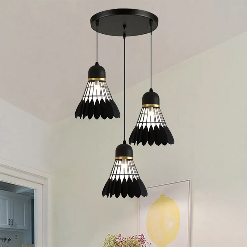 3 Lights Badminton Pendant Lighting Retro Stylish Black Finish Metal Hanging Light Fixture with Round/Linear Canopy Clearhalo 'Ceiling Lights' 'Pendant Lights' 'Pendants' Lighting' 439035