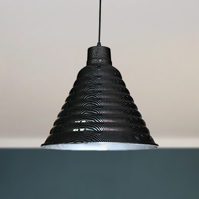 Ribbed Tapered Shade Metal Hanging Light Industrial Style 1 Light Restaurant Pendant Lighting in Black Black Clearhalo 'Art Deco Pendants' 'Black' 'Cast Iron' 'Ceiling Lights' 'Ceramic' 'Crystal' 'Industrial Pendants' 'Industrial' 'Metal' 'Middle Century Pendants' 'Pendant Lights' 'Pendants' 'Rustic Pendants' 'Tiffany' Lighting' 452532