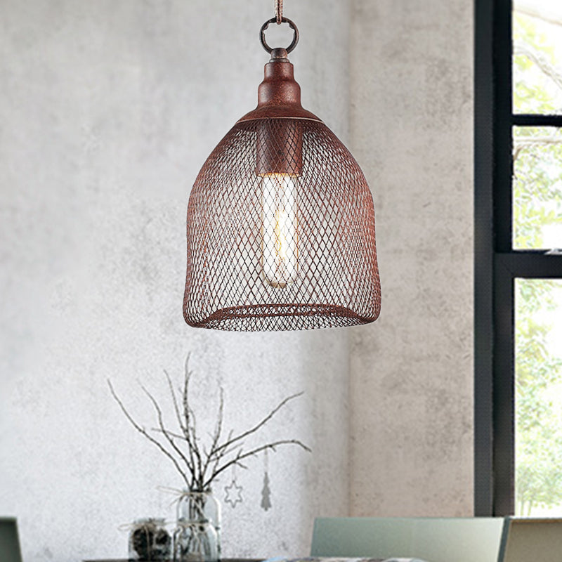 Bird Caged Metal Pendant Lighting Fixture Industrial One Bulb Dining Room Hanging Lamp in Rust, 6.5