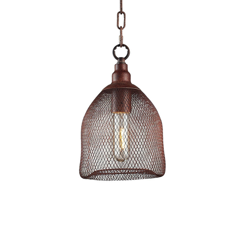 Bird Caged Metal Pendant Lighting Fixture Industrial One Bulb Dining Room Hanging Lamp in Rust, 6.5