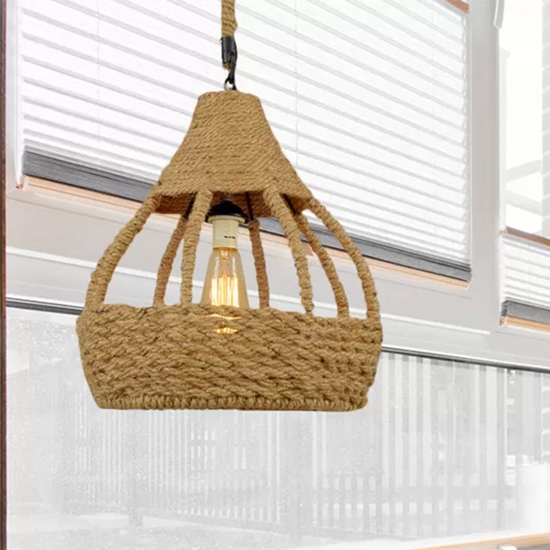 1 Head Pendant Light Fixture with Rope Dome Shade Rustic Country Balcony Suspension Light in Brown Clearhalo 'Art Deco Pendants' 'Cast Iron' 'Ceiling Lights' 'Ceramic' 'Crystal' 'Industrial Pendants' 'Industrial' 'Metal' 'Middle Century Pendants' 'Pendant Lights' 'Pendants' 'Tiffany' Lighting' 456205