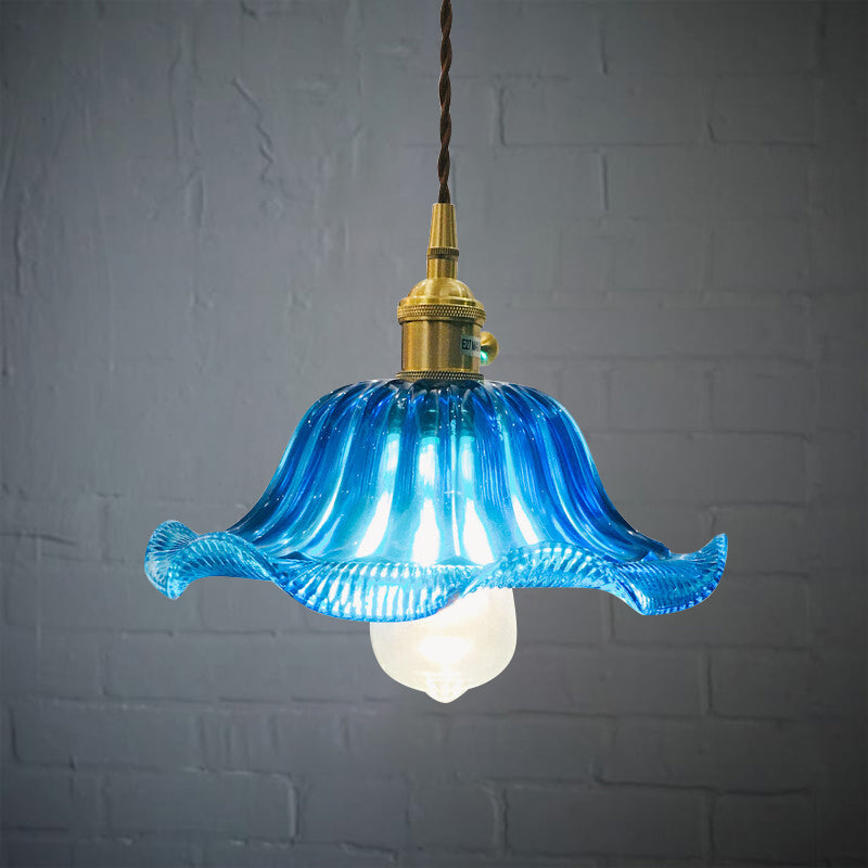 Industrial Scalloped Hanging Ceiling Light 1 Light Blue Glass Pendant Lighting Fixture, 12