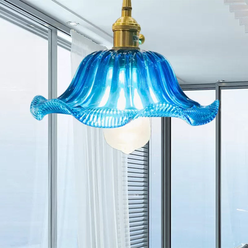 Industrial Scalloped Hanging Ceiling Light 1 Light Blue Glass Pendant Lighting Fixture, 12