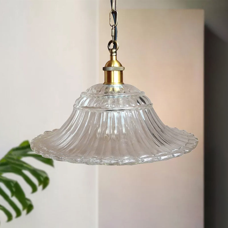 1 Light Scalloped Pendant Lighting Fixture Vintage Brass Ribbed Glass Hanging Ceiling Light Clearhalo 'Ceiling Lights' 'Close To Ceiling Lights' 'Glass shade' 'Glass' 'Industrial Pendants' 'Industrial' 'Middle Century Pendants' 'Pendant Lights' 'Pendants' 'Tiffany' Lighting' 456306