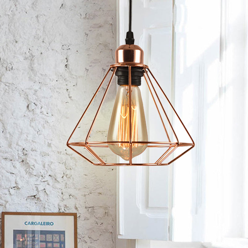 Geometric Cage Metal Ceiling Light Loft Industrial 1 Light Bedroom Pendant Lighting in Rose Gold Clearhalo 'Art Deco Pendants' 'Cast Iron' 'Ceiling Lights' 'Ceramic' 'Crystal' 'Industrial Pendants' 'Industrial' 'Metal' 'Middle Century Pendants' 'Pendant Lights' 'Pendants' 'Tiffany' Lighting' 456315