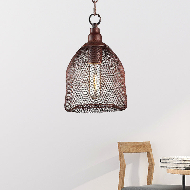 Bird Caged Metal Pendant Lighting Fixture Industrial One Bulb Dining Room Hanging Lamp in Rust, 6.5