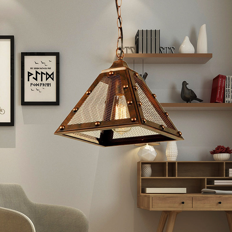 1 Head Mesh Pyramid Shade Pendant Light Farmhouse Style Dark Rust Metal Hanging Lamp with Rivets Deco Clearhalo 'Art Deco Pendants' 'Cast Iron' 'Ceiling Lights' 'Ceramic' 'Crystal' 'Industrial Pendants' 'Industrial' 'Metal' 'Middle Century Pendants' 'Pendant Lights' 'Pendants' 'Tiffany' Lighting' 456337