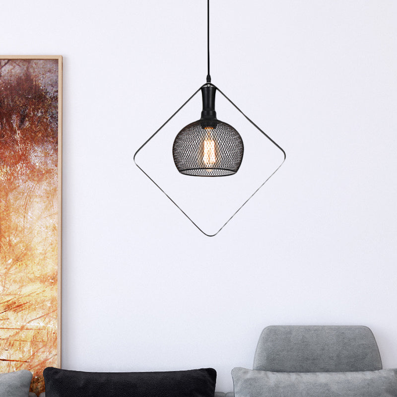 Mesh Domed Metal Pendant Light Vintage Style 1 Bulb Living Room Ceiling Light Fixture with Square Deco in Black Clearhalo 'Ceiling Lights' 'Pendant Lights' 'Pendants' Lighting' 456524