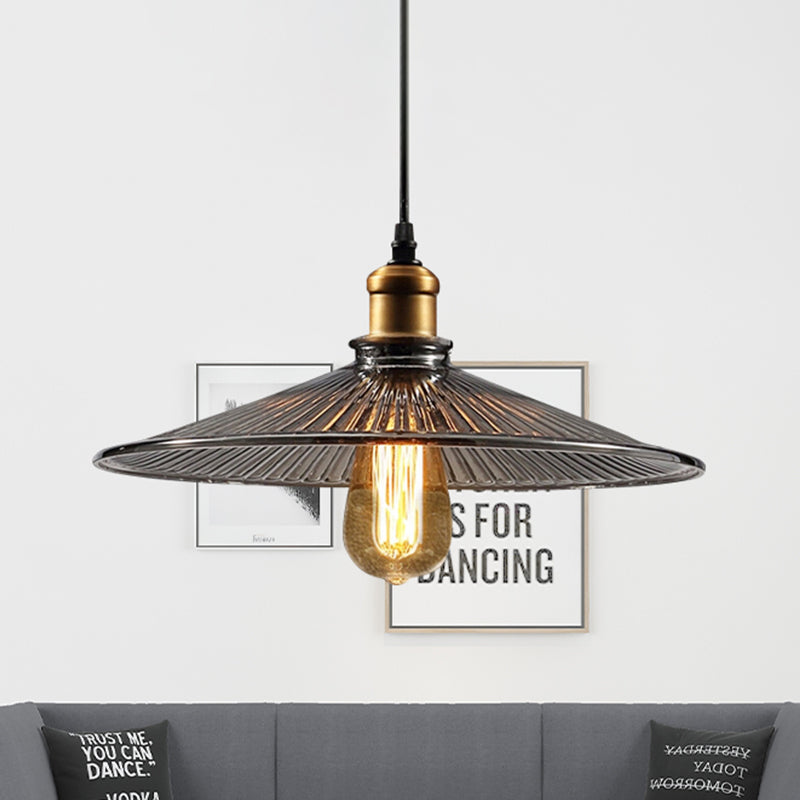 Brass Cone Pendant Ceiling Light Farmhouse Ribbed Glass 1 Light Living Room Hanging Lamp Clearhalo 'Ceiling Lights' 'Close To Ceiling Lights' 'Glass shade' 'Glass' 'Industrial Pendants' 'Industrial' 'Middle Century Pendants' 'Pendant Lights' 'Pendants' 'Tiffany' Lighting' 456561