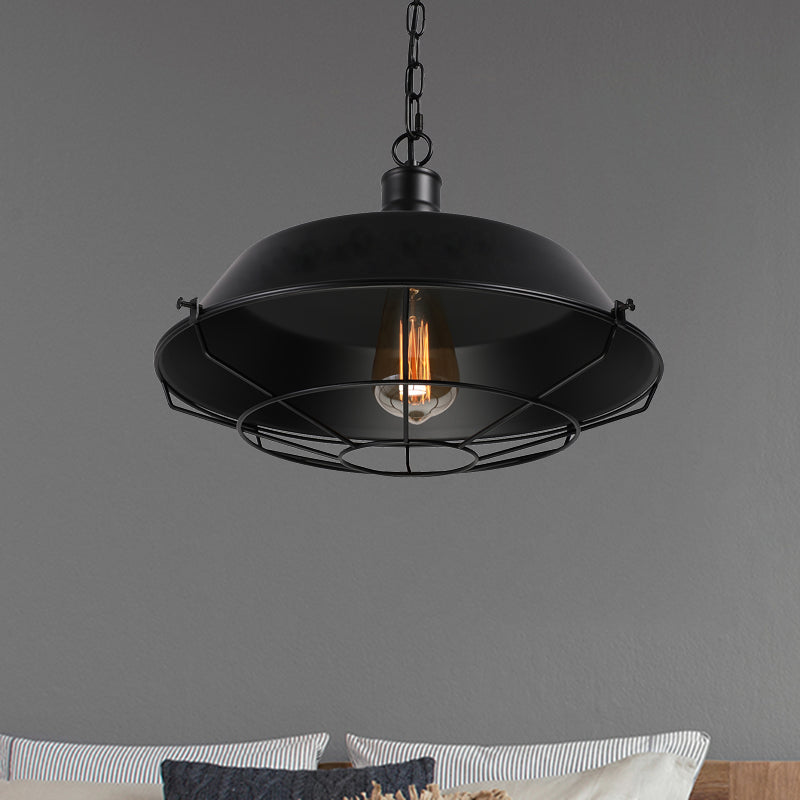 Farmhouse Stylish Barn Ceiling Light Fixture with Cage Shade 1 Bulb Metallic Pendant Lamp in Black, 10