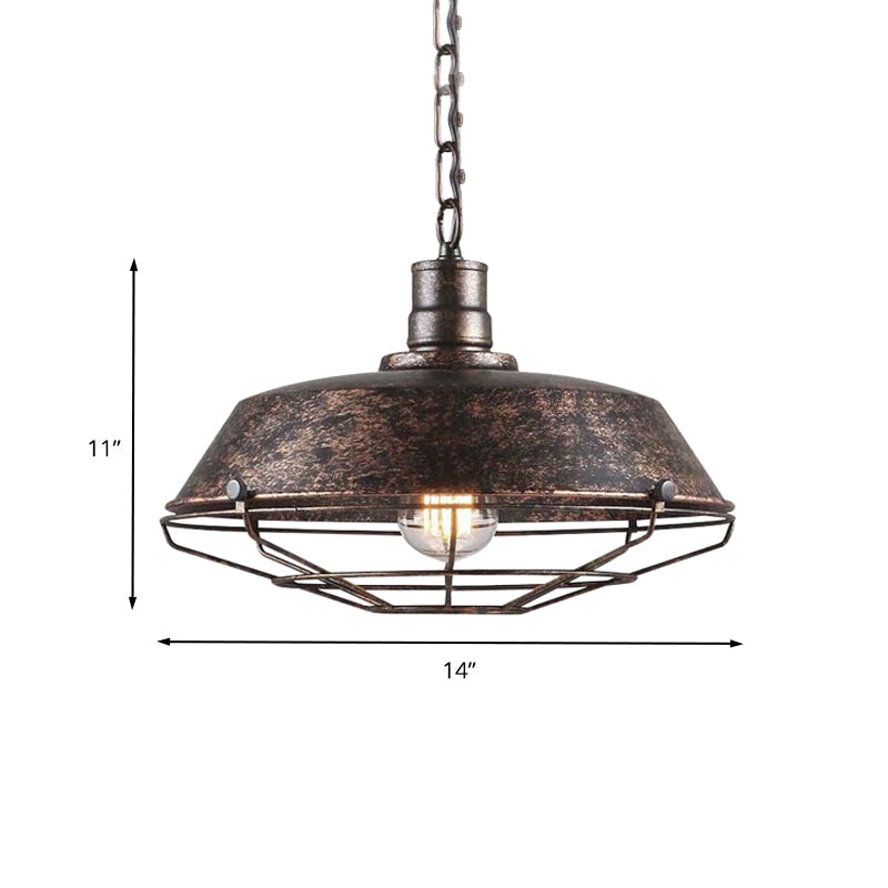 Rustic Stylish Wire Cage Pendant Light with Barn Shade 1 Light Iron Ceiling Light Fixture in Antique Brass/Rust, 10