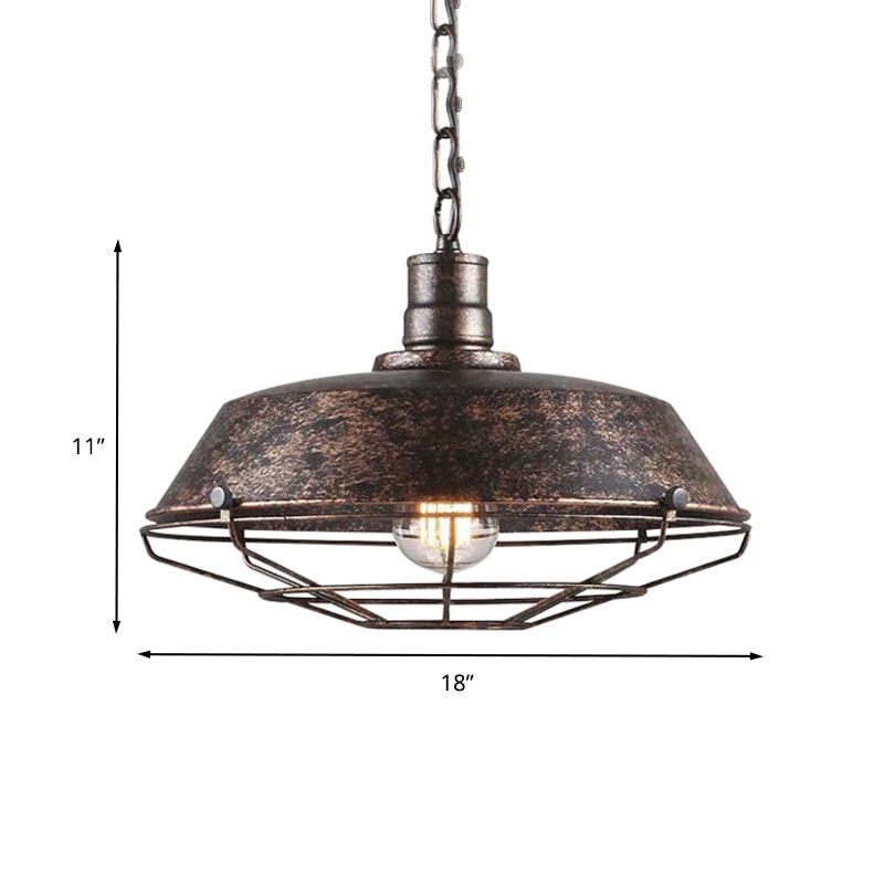 Rustic Stylish Wire Cage Pendant Light with Barn Shade 1 Light Iron Ceiling Light Fixture in Antique Brass/Rust, 10