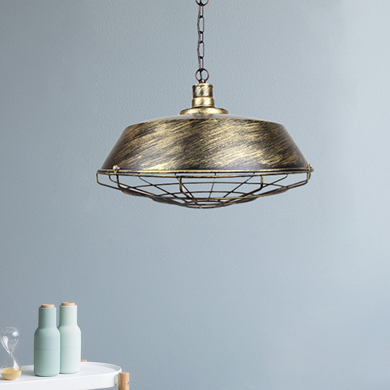 Rustic Stylish Wire Cage Pendant Light with Barn Shade 1 Light Iron Ceiling Light Fixture in Antique Brass/Rust, 10