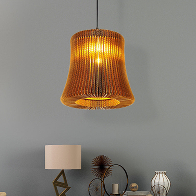 1 Bulb Ceiling Fixture with Cylinder Shade Corrugated Paper Asian Stylish Dining Room Pendant Lighting in Brown Brown Bell Clearhalo 'Ceiling Lights' 'Modern Pendants' 'Modern' 'Pendant Lights' 'Pendants' Lighting' 456641