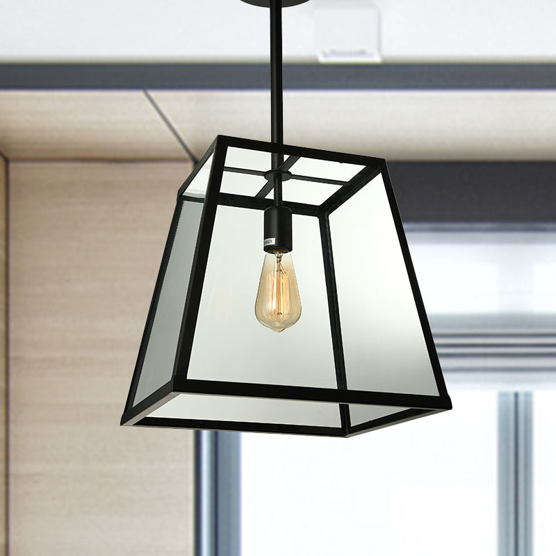 Industrial Trapezoid Pendant Lighting 1 Light Clear Glass Hanging Light Fixture in Black, 12