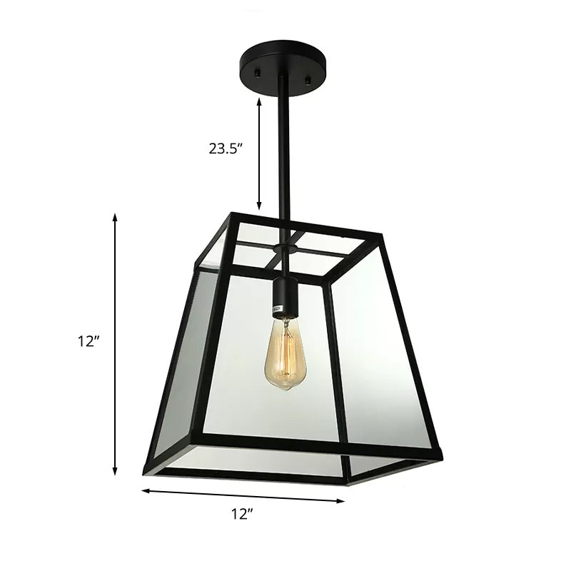 Industrial Trapezoid Pendant Lighting 1 Light Clear Glass Hanging Light Fixture in Black, 12