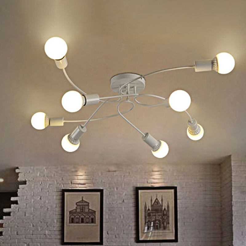 Vintage Style Twisted Arm Ceiling Light 8 Lights Metallic Semi Flush Mount Lighting in Black/White for Living Room White Clearhalo 'Ceiling Lights' 'Close To Ceiling Lights' 'Close to ceiling' 'Semi-flushmount' Lighting' 456775