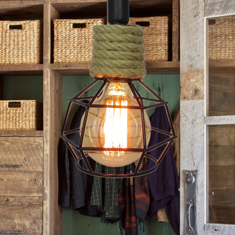 Metallic Black Pendant Lighting Global Cage Shade 1 Head Vintage Ceiling Fixture with Rope Cord Clearhalo 'Art Deco Pendants' 'Black' 'Cast Iron' 'Ceiling Lights' 'Ceramic' 'Crystal' 'Industrial Pendants' 'Industrial' 'Metal' 'Middle Century Pendants' 'Pendant Lights' 'Pendants' 'Rustic Pendants' 'Tiffany' Lighting' 460063