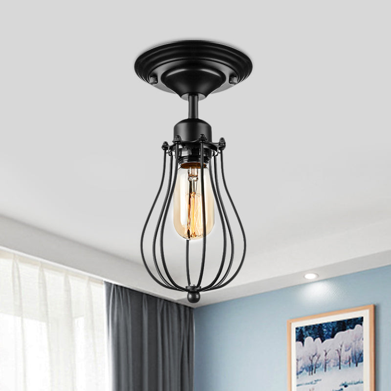 1 Head Bulb Shaped Ceiling Lamp Industrial Style Black Metal Semi-Flush Mount Ceiling Light for Dining Room Clearhalo 'Ceiling Lights' 'Close To Ceiling Lights' 'Close to ceiling' 'Semi-flushmount' Lighting' 460070