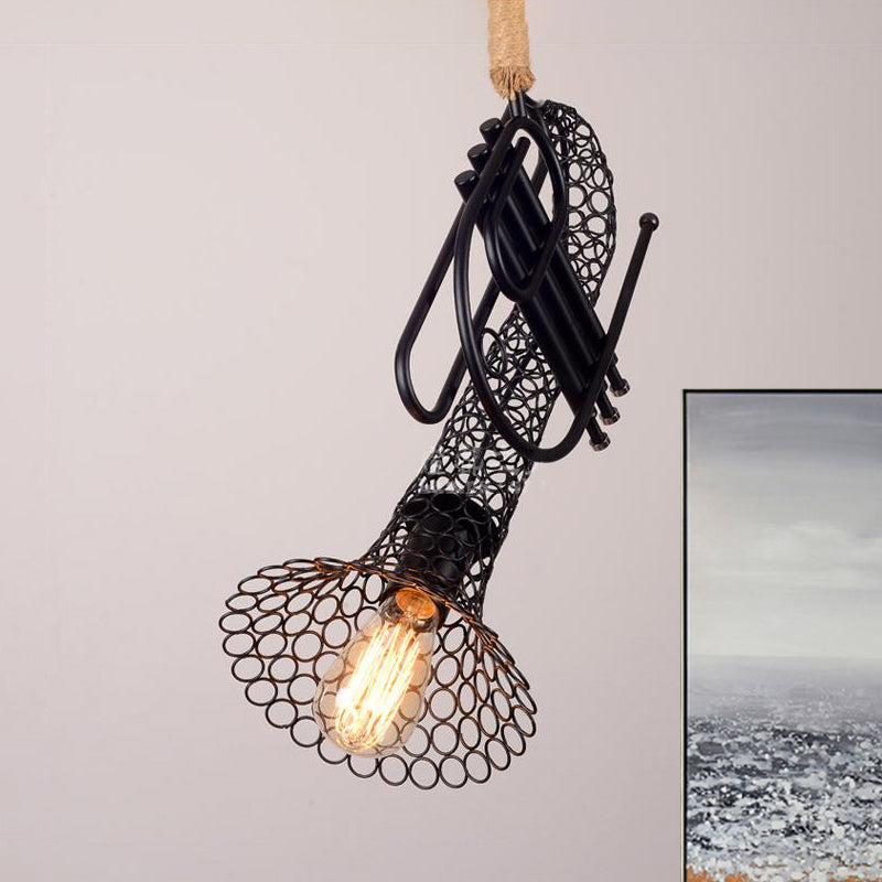 Metallic Trumpet Pendant Light with Mesh Shade and Rope Rustic Retro 1 Light Balcony Hanging Light in Black Clearhalo 'Art Deco Pendants' 'Black' 'Cast Iron' 'Ceiling Lights' 'Ceramic' 'Crystal' 'Industrial Pendants' 'Industrial' 'Metal' 'Middle Century Pendants' 'Pendant Lights' 'Pendants' 'Rustic Pendants' 'Tiffany' Lighting' 460481