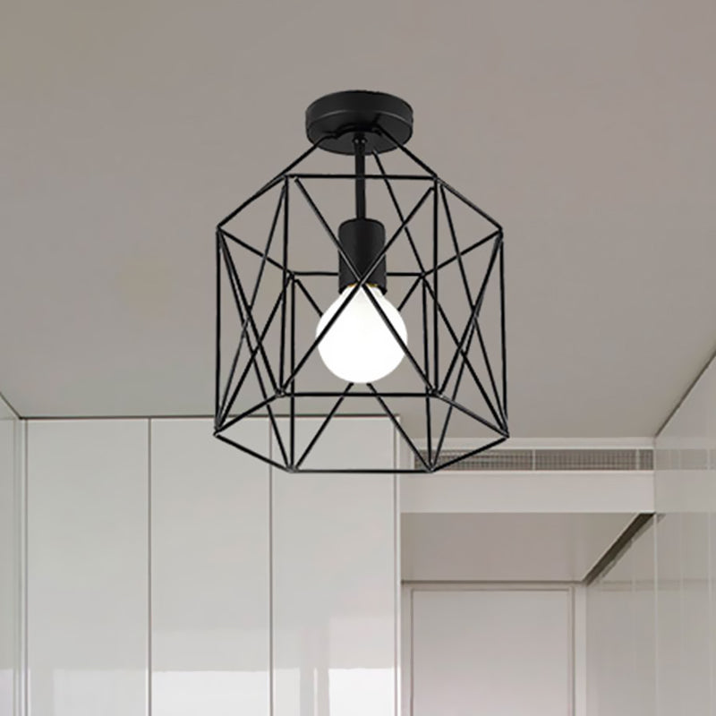 1 Head Geometric Cage Semi Mount Lighting Industrial Black Finish Metallic Semi-Flush Ceiling Fixture for Balcony Clearhalo 'Ceiling Lights' 'Close To Ceiling Lights' 'Close to ceiling' 'Semi-flushmount' Lighting' 460539