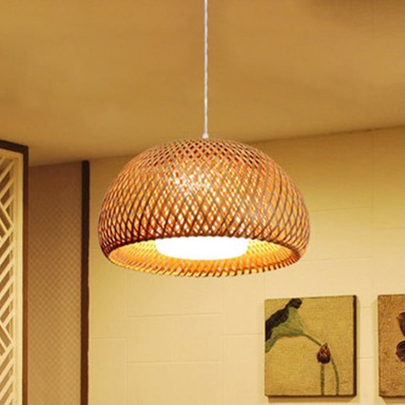 Double-Decker Dome Shade Hanging Pendant Rustic Bamboo 1 Light Hanging Lamp for Farmhouse Restaurant Clearhalo 'Ceiling Lights' 'Pendant Lights' 'Pendants' Lighting' 460587