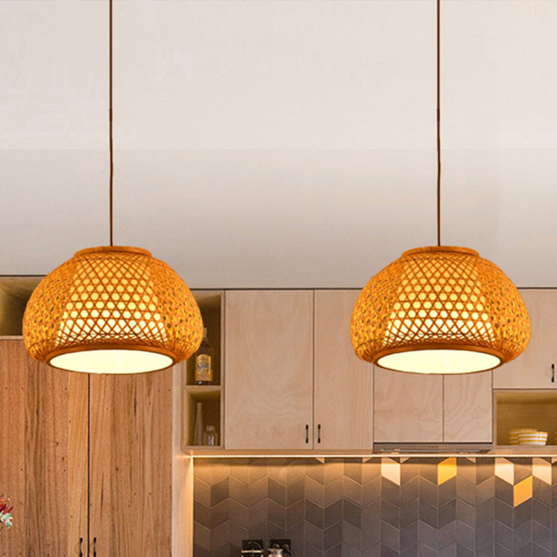 Hand Knitted Bamboo Lantern Drop Light for Restaurant Asian 1 Head Pendant Lamp with Paper Interior Shade Clearhalo 'Ceiling Lights' 'Pendant Lights' 'Pendants' Lighting' 460603