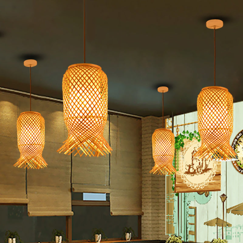 Hand Knitted Bamboo Lantern Drop Light Asian Single Pendant Light in Beige for Restaurant Clearhalo 'Ceiling Lights' 'Pendant Lights' 'Pendants' Lighting' 460608