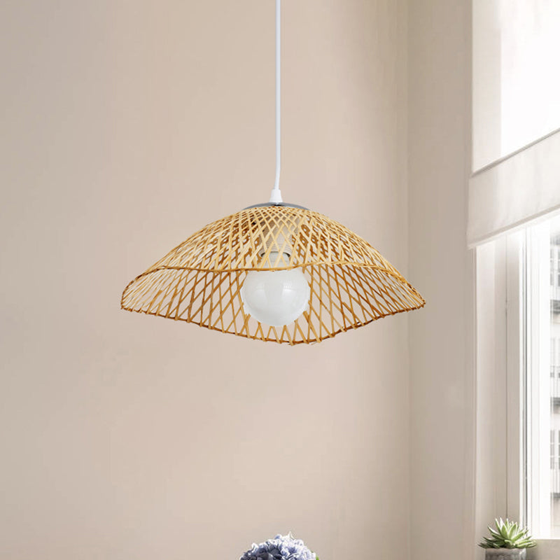 Hand-Knitted Bamboo Pendant Light with Dome Shade Asian Style 1 Head Beige Hanging Lamp for Living Room, 14