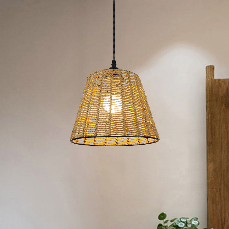 Bucket Hanging Light Fixture Modern Woven Rattan 1-Light Indoor Pendant Lamp in Beige Clearhalo 'Ceiling Lights' 'Pendant Lights' 'Pendants' Lighting' 460650