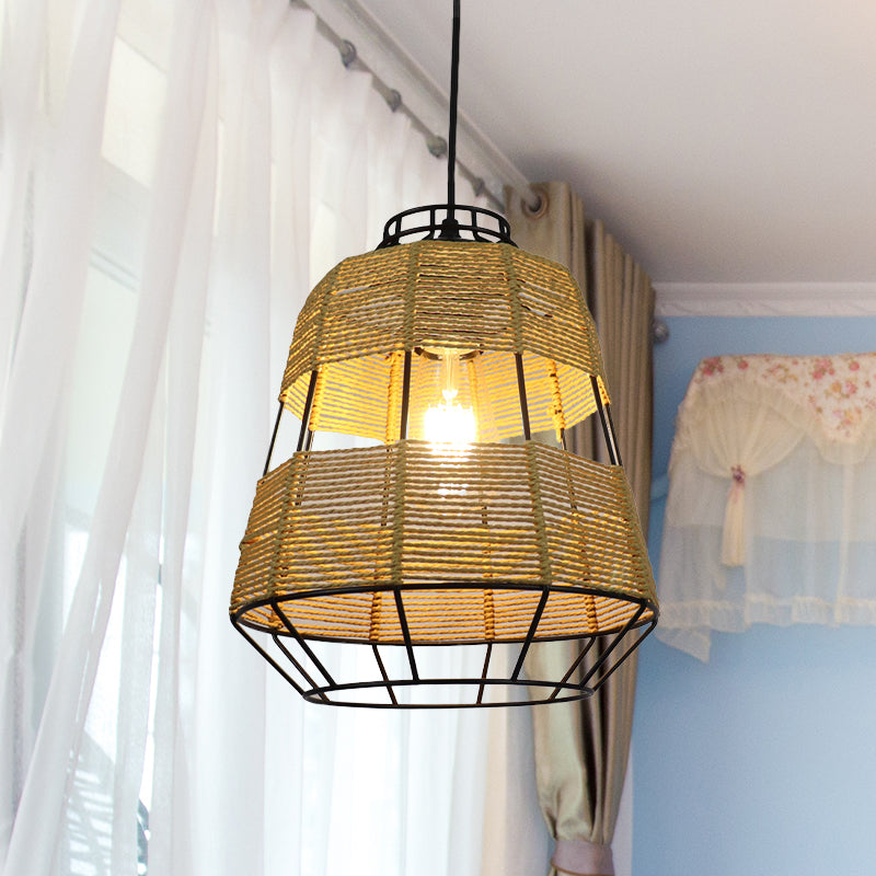 Barrel Metal Cage Hanging Lamp Chinese Straw Rope 1-Light Beige Drop Ceiling Light for Living Room Restaurant Clearhalo 'Ceiling Lights' 'Pendant Lights' 'Pendants' Lighting' 460651