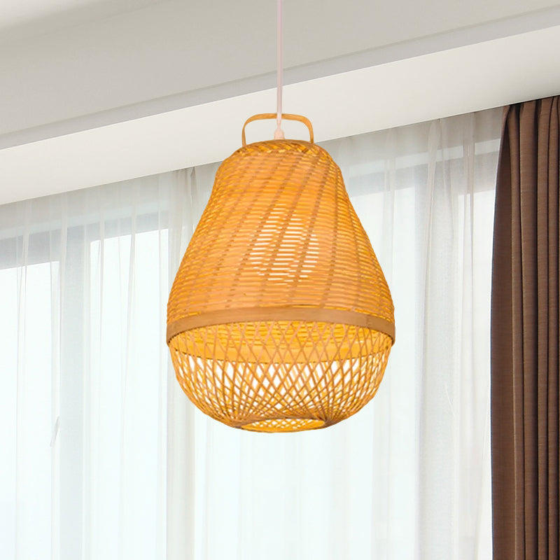 Bird Cage Bamboo Hanging Light Asian Style 1 Light Beige Drop Ceiling Light for Dining Room Clearhalo 'Ceiling Lights' 'Pendant Lights' 'Pendants' Lighting' 460689