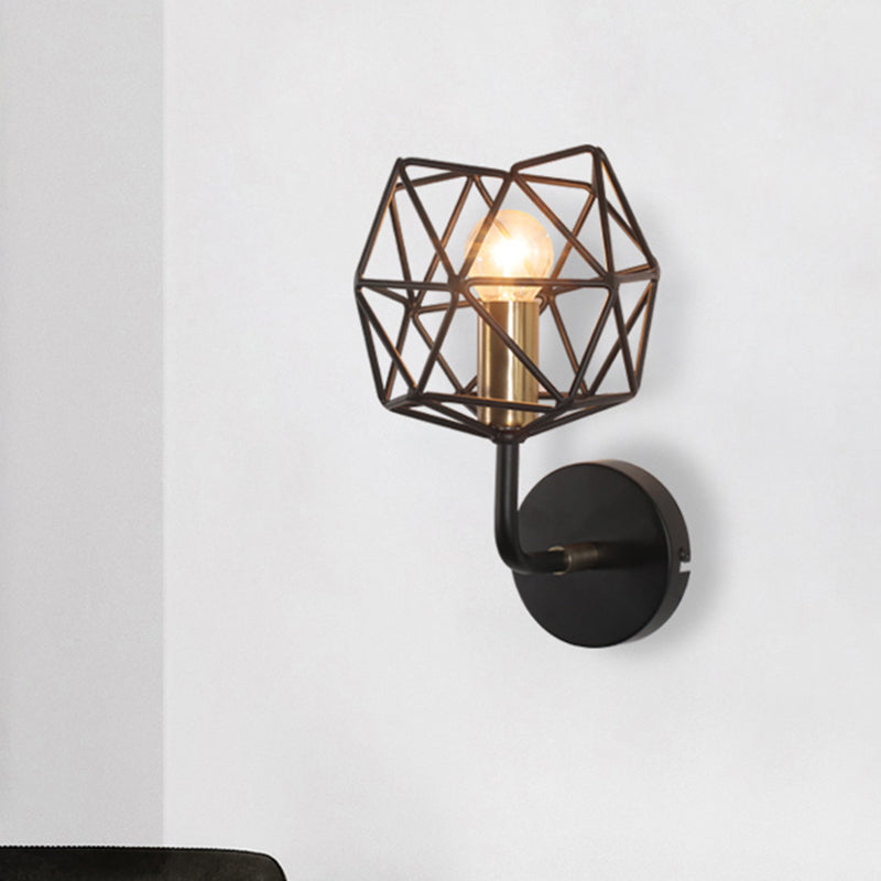 Black Polyhedron Globe Wall Sconce Light Vintage Retro Metal 1 Light Bedroom Wall Mount Light Clearhalo 'Art deco wall lights' 'Cast Iron' 'Glass' 'Industrial wall lights' 'Industrial' 'Middle century wall lights' 'Modern' 'Rustic wall lights' 'Tiffany' 'Traditional wall lights' 'Wall Lamps & Sconces' 'Wall Lights' Lighting' 460758