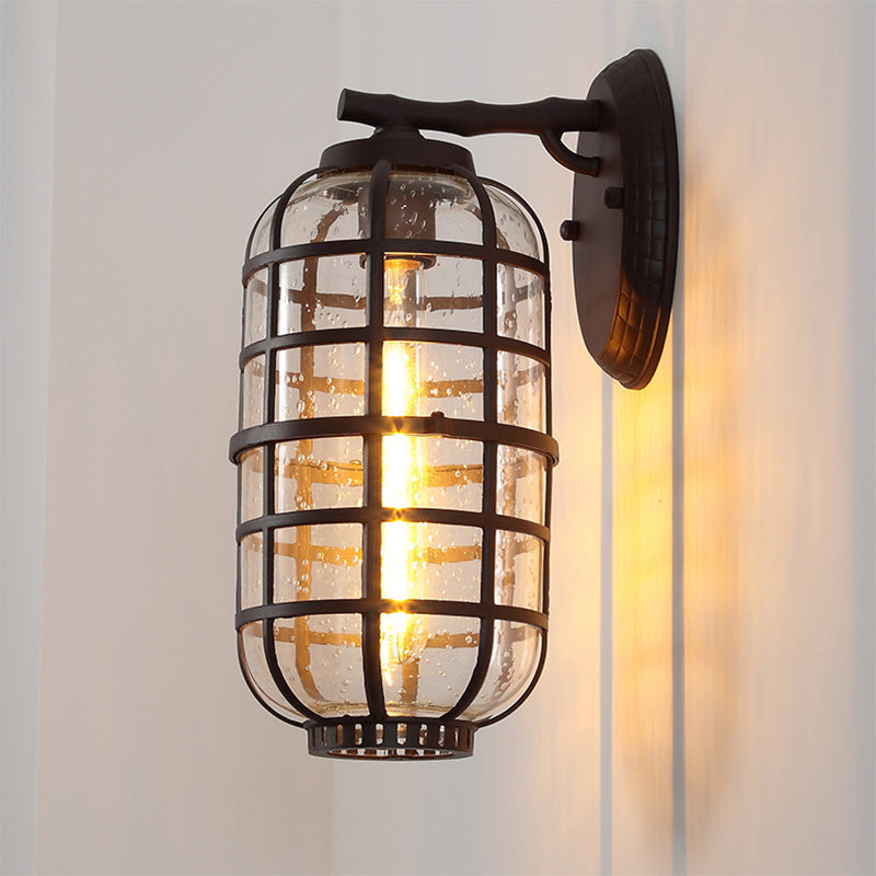 Caged Seedy Glass Wall Mounted Lamp Industrial Single Bulb Outdoor Sconce Light in Black/Bronze, 5.5