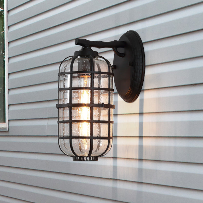 Caged Seedy Glass Wall Mounted Lamp Industrial Single Bulb Outdoor Sconce Light in Black/Bronze, 5.5