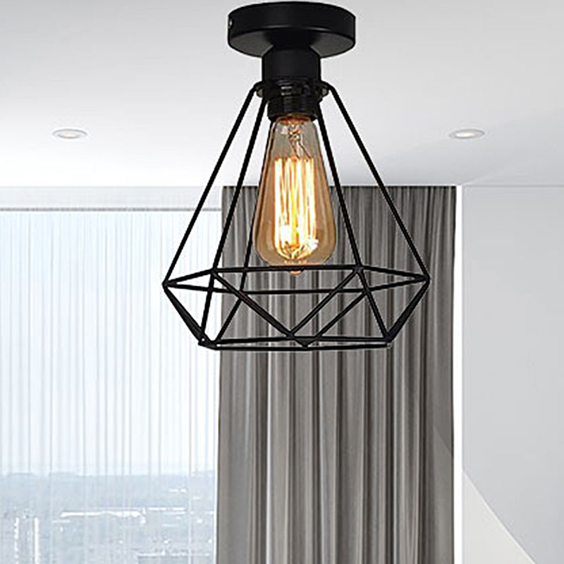 1 Head Iron Semi Flush Mount Light Industrial Style Black Cage Diamond Coffee Shop Ceiling Light Clearhalo 'Ceiling Lights' 'Close To Ceiling Lights' 'Close to ceiling' 'Semi-flushmount' Lighting' 464835