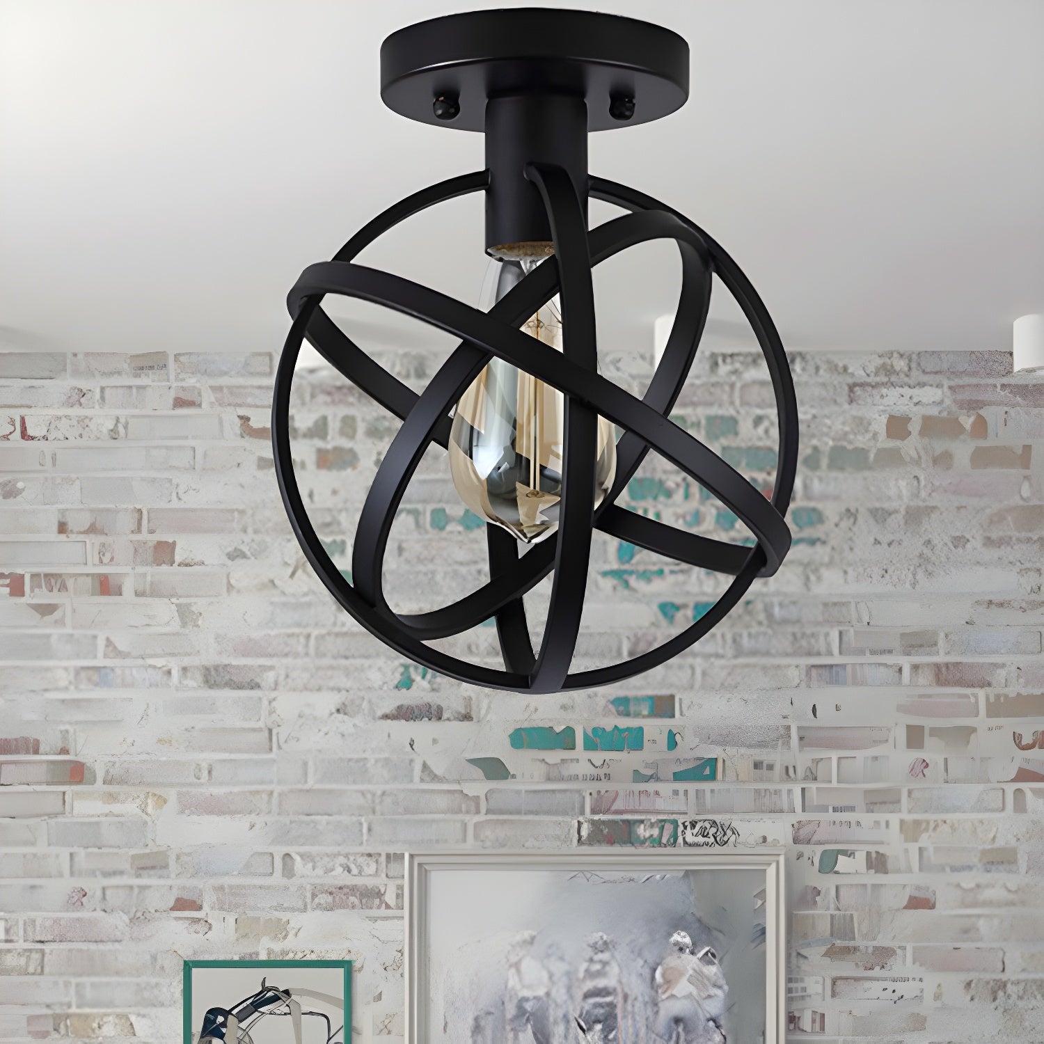 Retro Stylish Orb Cage Ceiling Fixture 1 Bulb Metallic Semi Flush Pendant Light in Black for Balcony Clearhalo 'Ceiling Lights' 'Close To Ceiling Lights' 'Close to ceiling' 'Semi-flushmount' Lighting' 464837