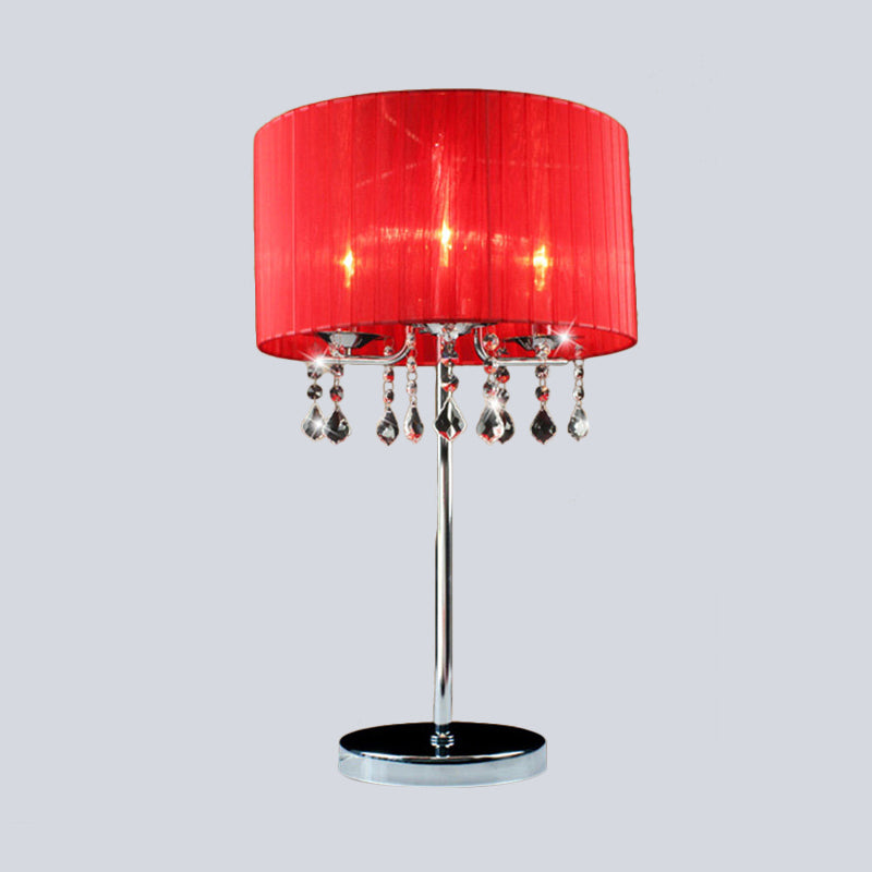 Fabric Cylinder Desk Light Modern 1 Bulb Night Table Lamp in Red with Crystal Teardrop Clearhalo 'Lamps' 'Table Lamps' Lighting' 464999