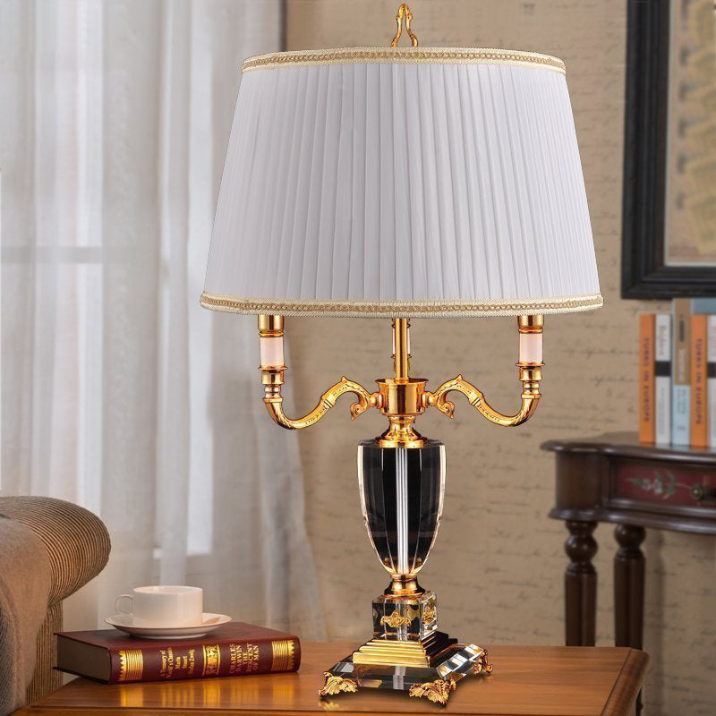 White Drum Shade Desk Light Modern 1 Head Fabric Night Table Lamp with Square Crystal Pedestal Clearhalo 'Lamps' 'Table Lamps' Lighting' 465017