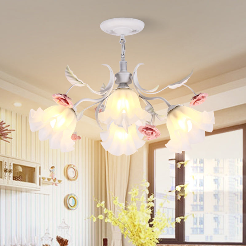 Scalloped Bedroom Pendant Chandelier Pastoral Metal 4/6/9 Heads White Ceiling Suspension Lamp with Rose Decoration Clearhalo 'Ceiling Lights' 'Chandeliers' Lighting' options 465395