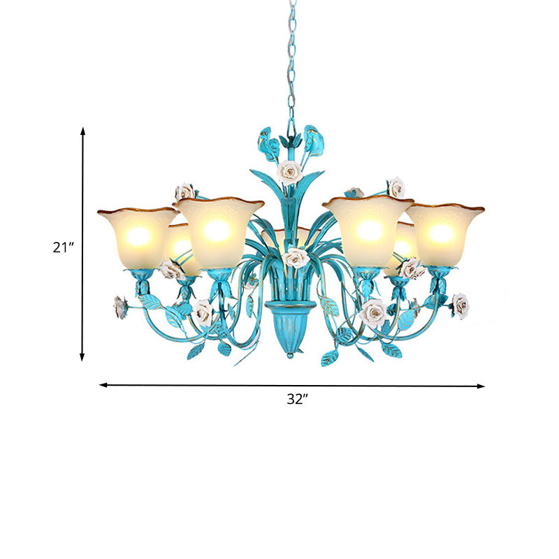 Pastoral Flared Chandelier Pendant Light 3/5/7 Heads Metal LED Suspension Lighting in Blue with Rose Decor Clearhalo 'Ceiling Lights' 'Chandeliers' Lighting' options 465446