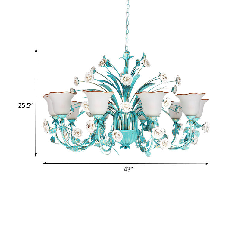 Pastoral Flared Chandelier Pendant Light 3/5/7 Heads Metal LED Suspension Lighting in Blue with Rose Decor Clearhalo 'Ceiling Lights' 'Chandeliers' Lighting' options 465450