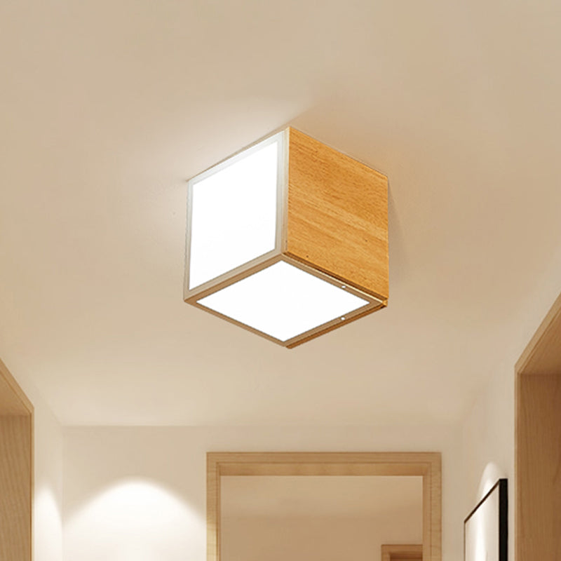 Wooden Box LED Flush Mount Light Modern Chinese 1-Light Natural Wood Ceiling Lamp in Warm/White Light Clearhalo 'Ceiling Lights' 'Close To Ceiling Lights' 'Close to ceiling' 'Flush mount' Lighting' 465475