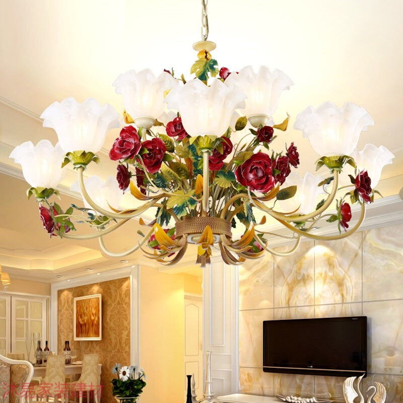 Green Scalloped Chandelier Lamp Pastoral Metal 3/12 Heads Living Room Ceiling Pendant Light Clearhalo 'Ceiling Lights' 'Chandeliers' Lighting' options 465544