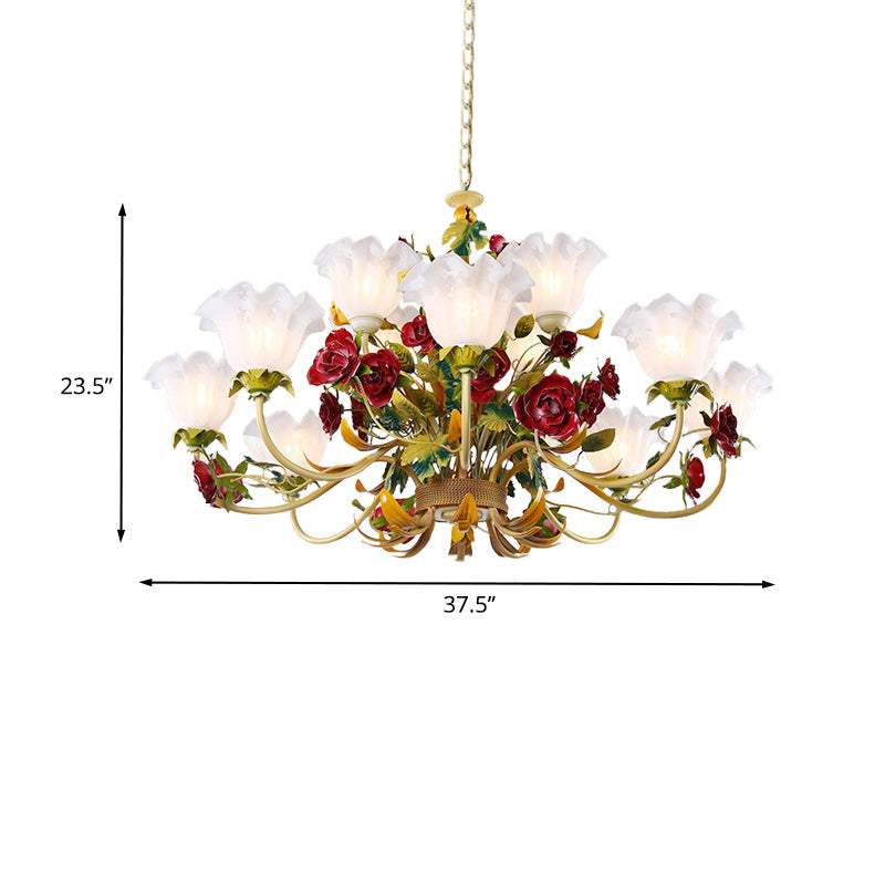 Green Scalloped Chandelier Lamp Pastoral Metal 3/12 Heads Living Room Ceiling Pendant Light Clearhalo 'Ceiling Lights' 'Chandeliers' Lighting' options 465547