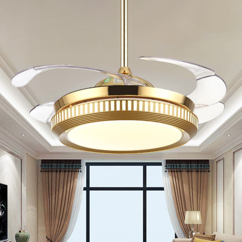 LED Acrylic Semi Flush Light Contemporary White /Gold Round Dining Room Hanging Fan Lamp with 4 Clear Blades, 42