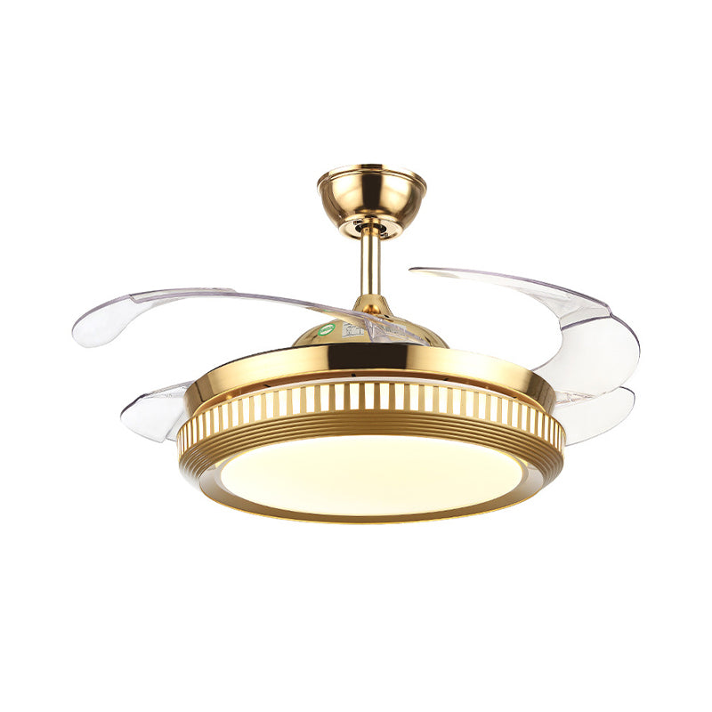 LED Acrylic Semi Flush Light Contemporary White /Gold Round Dining Room Hanging Fan Lamp with 4 Clear Blades, 42