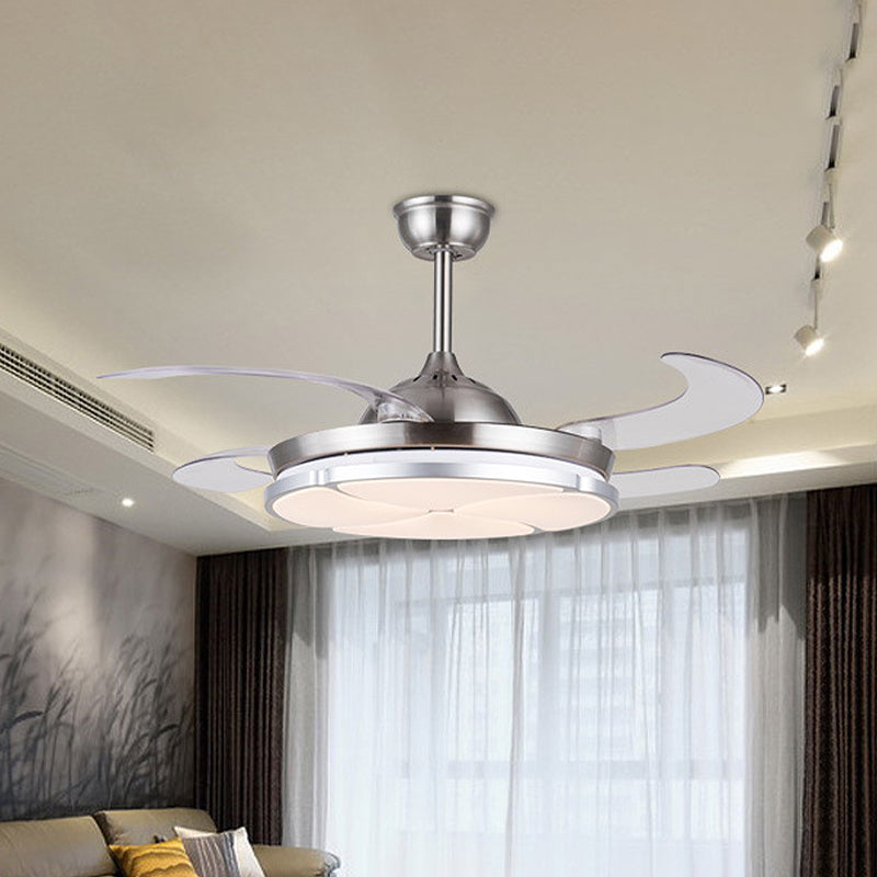 Clover Metal Semi Flush Mount Simplicity LED Living Room Ceiling Fan Lighting in Silver with 4 Clear Blades, 36