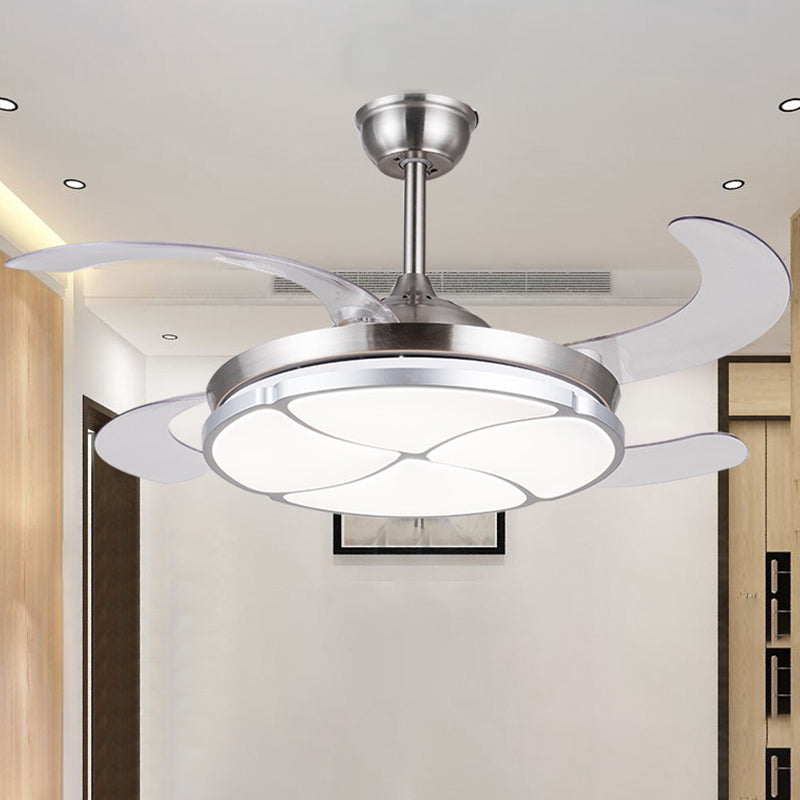 Clover Metal Semi Flush Mount Simplicity LED Living Room Ceiling Fan Lighting in Silver with 4 Clear Blades, 36